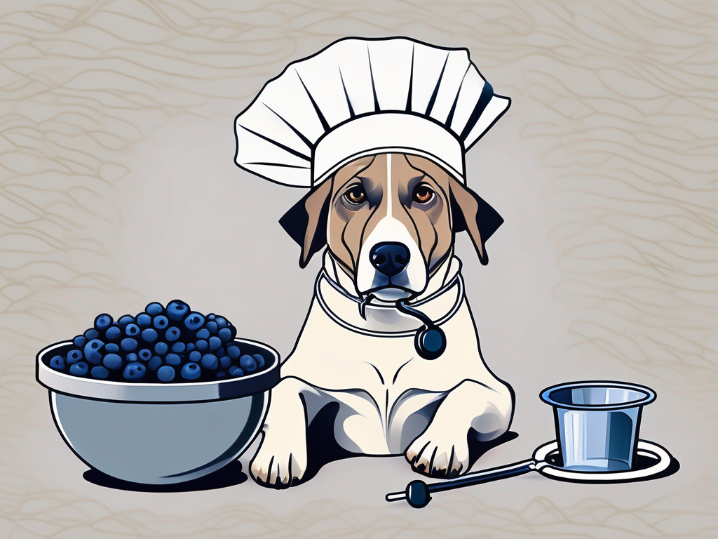 A curious dog sitting next to a bowl full of blueberries