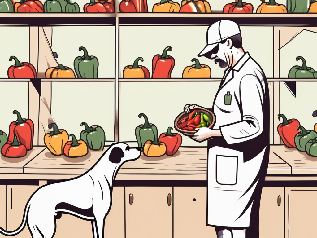 A curious dog sniffing a variety of colorful peppers