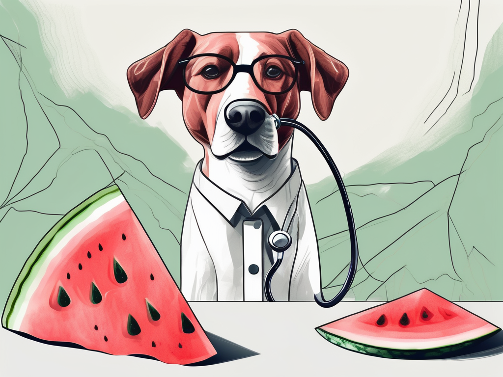 A curious dog looking at a slice of watermelon with a veterinary stethoscope next to it
