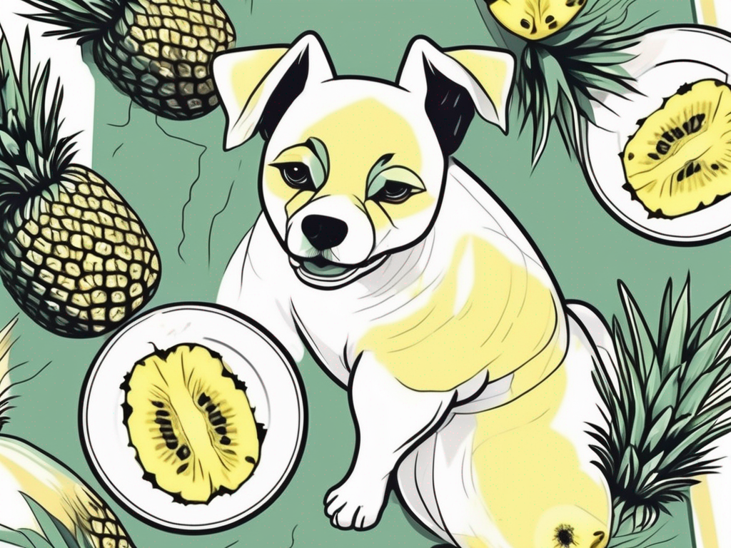 A curious dog looking at a sliced pineapple on a plate