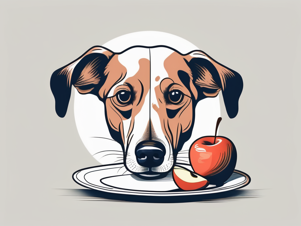 A curious dog sniffing a sliced apple placed on a plate