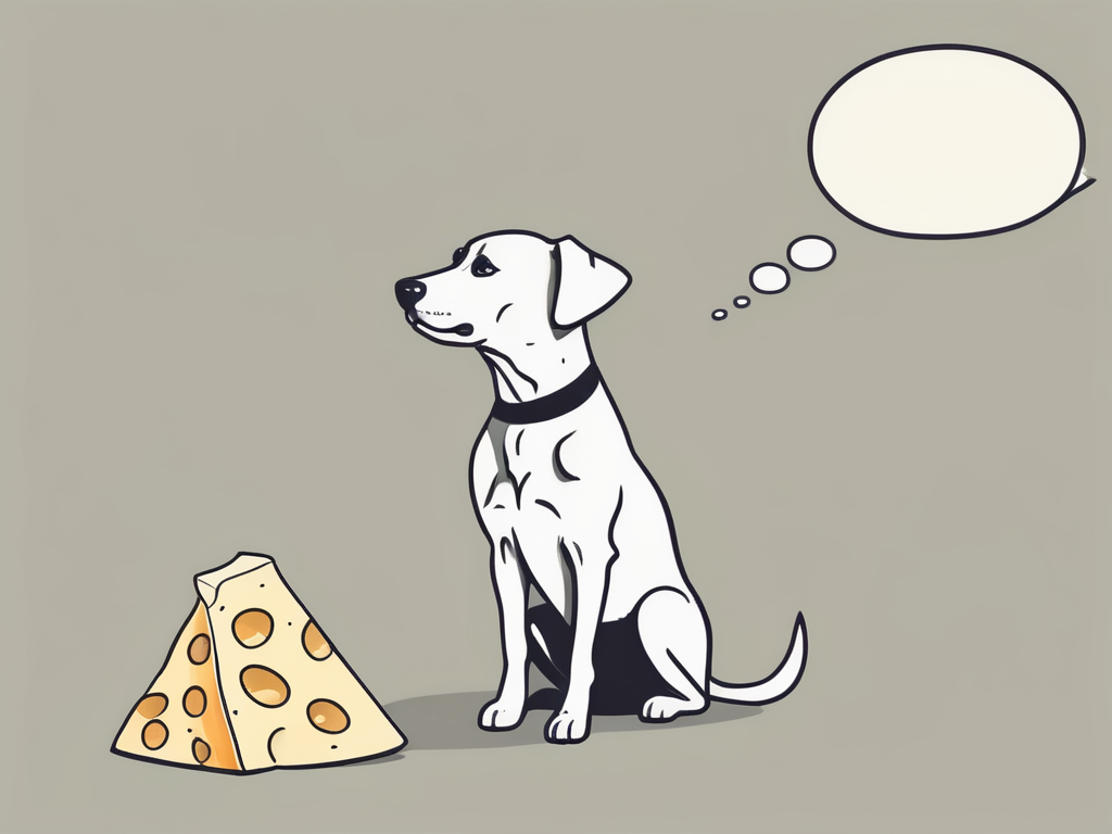 A curious dog sitting in front of a piece of cheese