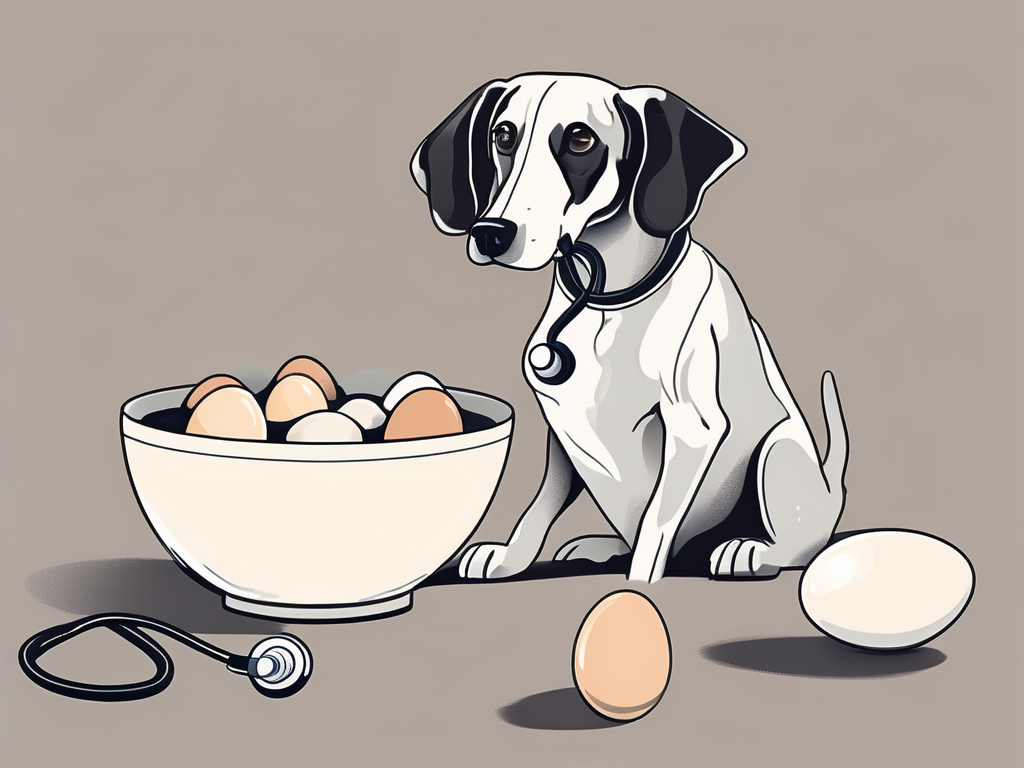 A curious dog sitting next to a bowl of eggs