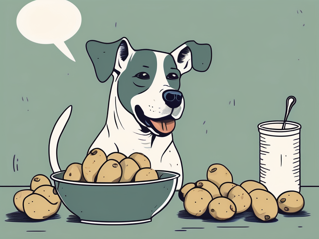 A curious dog looking at a bowl of potatoes