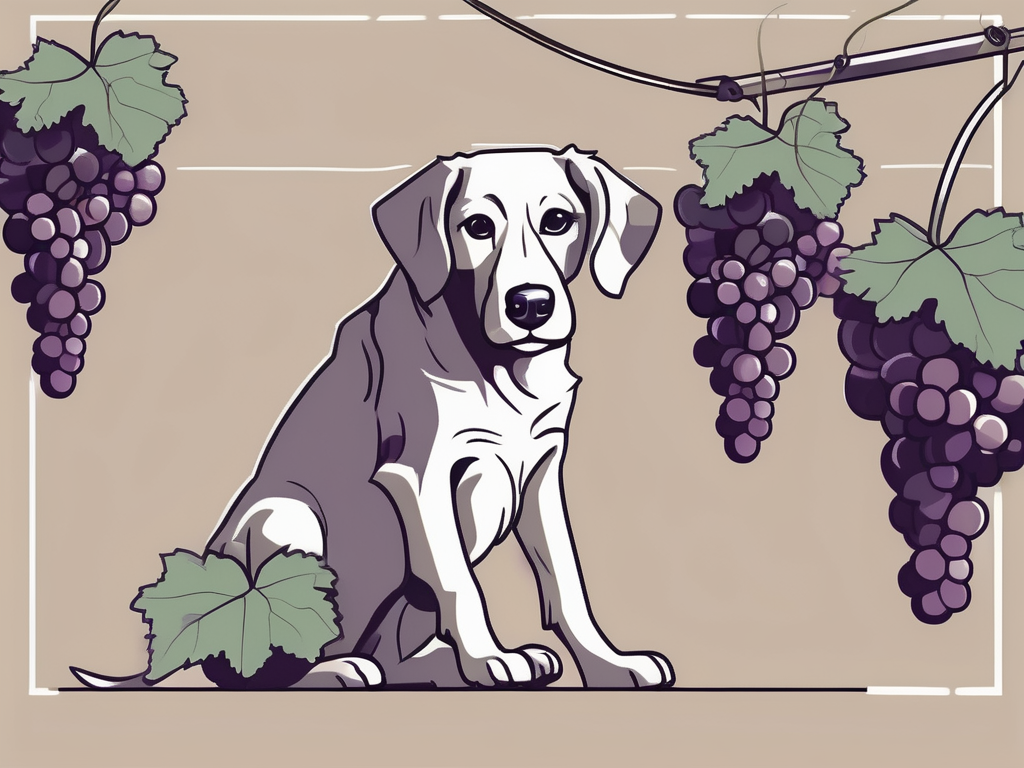 A curious dog looking at a bunch of grapes hanging from a vine