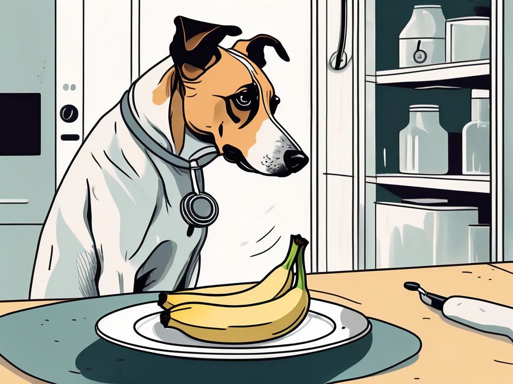 A curious dog looking at a peeled banana on a plate